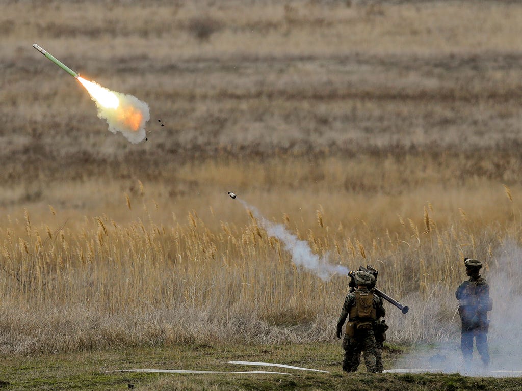 US Marines launch a Stinger missile at the Capu Midia Surface to Air Firing Range, on the Black Sea coast in Romania on March 20, 2017. About 1,200 US and Romanian troops take part in the Spring Storm 17 exercise, meant to simulate defense of the Rom