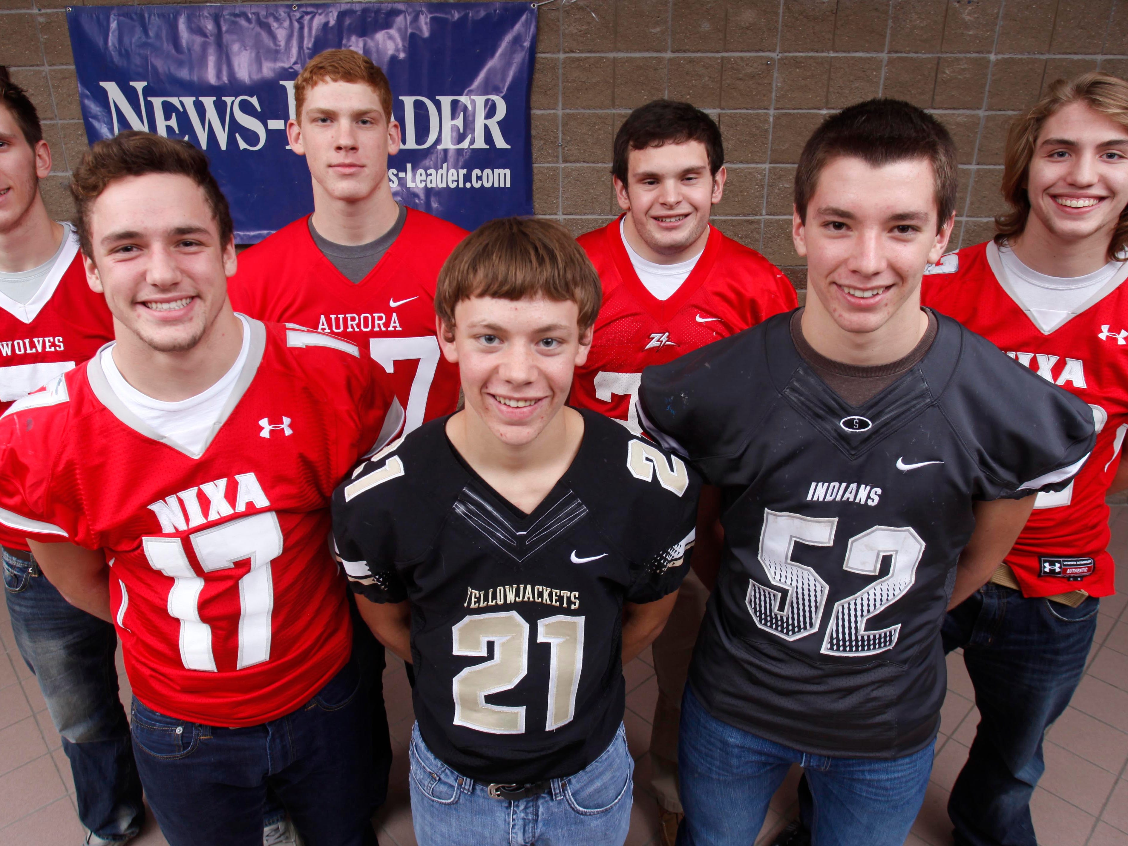 The All-Ozarks football team defense (Back row, from left) Josh Kent of Reeds Spring, Mason Husmann of Aurora, Matt Wernsing of West Plains, Jacob Watkins of Nixa, (front row) Logan Tyler of Nixa, Connor Hicks of Lebanon, Samuel Morton of Strafford.