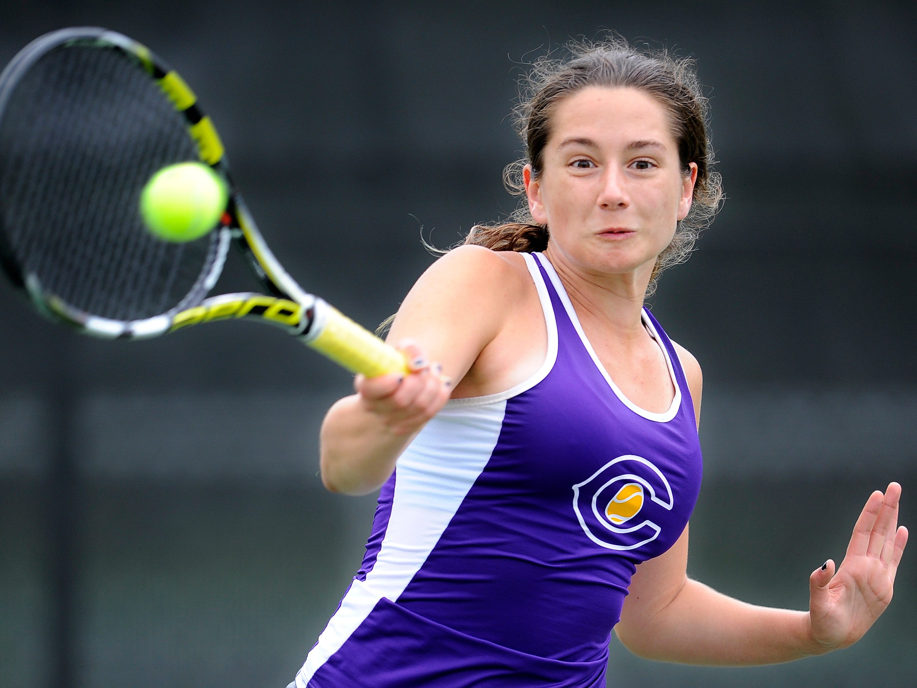 Clarksville's Sofia Phillips returns a shot during her AAA match against Hardin County's Julia Mazanek. Phillips won the match to move to the semifinals.