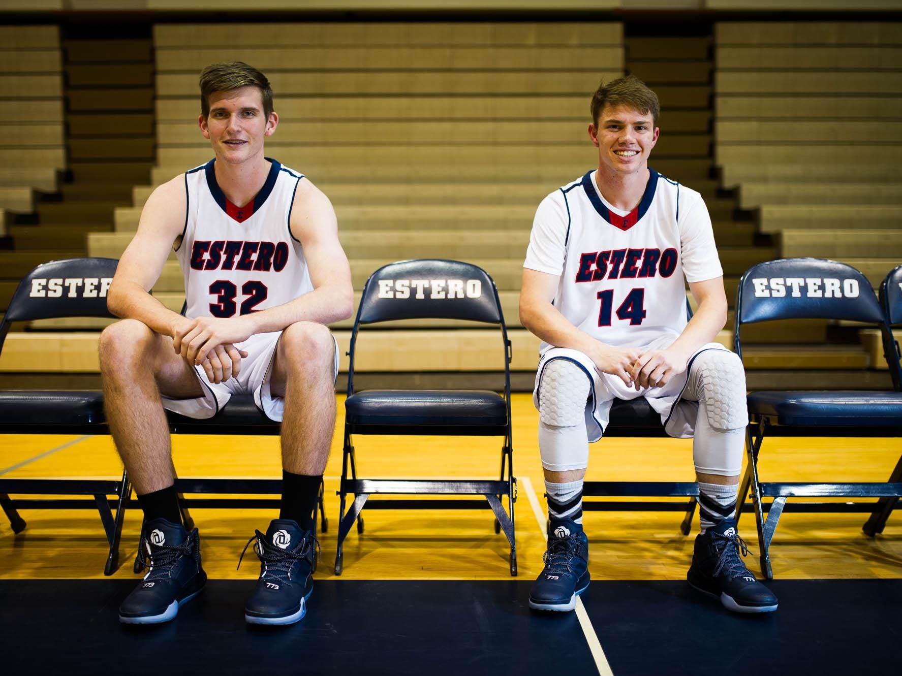Estero High boy's basketball players Ryan Rocuant and Matt Deering, from left to right, pose for a photo during practice at Estero High School in Estero, Fla. on Friday, November 20, 2015