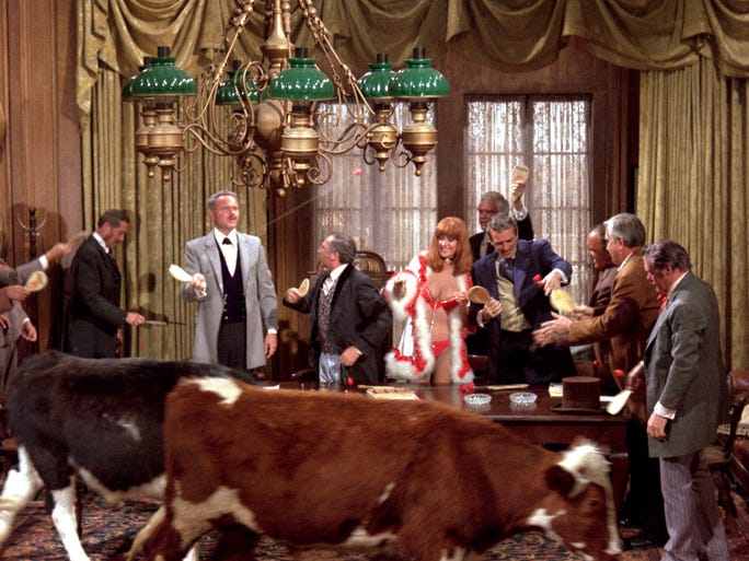 Brooks says he would never re-edit or touch the film 40 years later. There will be no director's cut. "It's not my film now, it's the world's film. I don't want to touch a frame of it." Here,Hedley Lamarr (Harvey Korman), Gov. Lepetomane (Brooks) and Miss Stein (Robyn Hilton)cavort while cows walk through the scene.