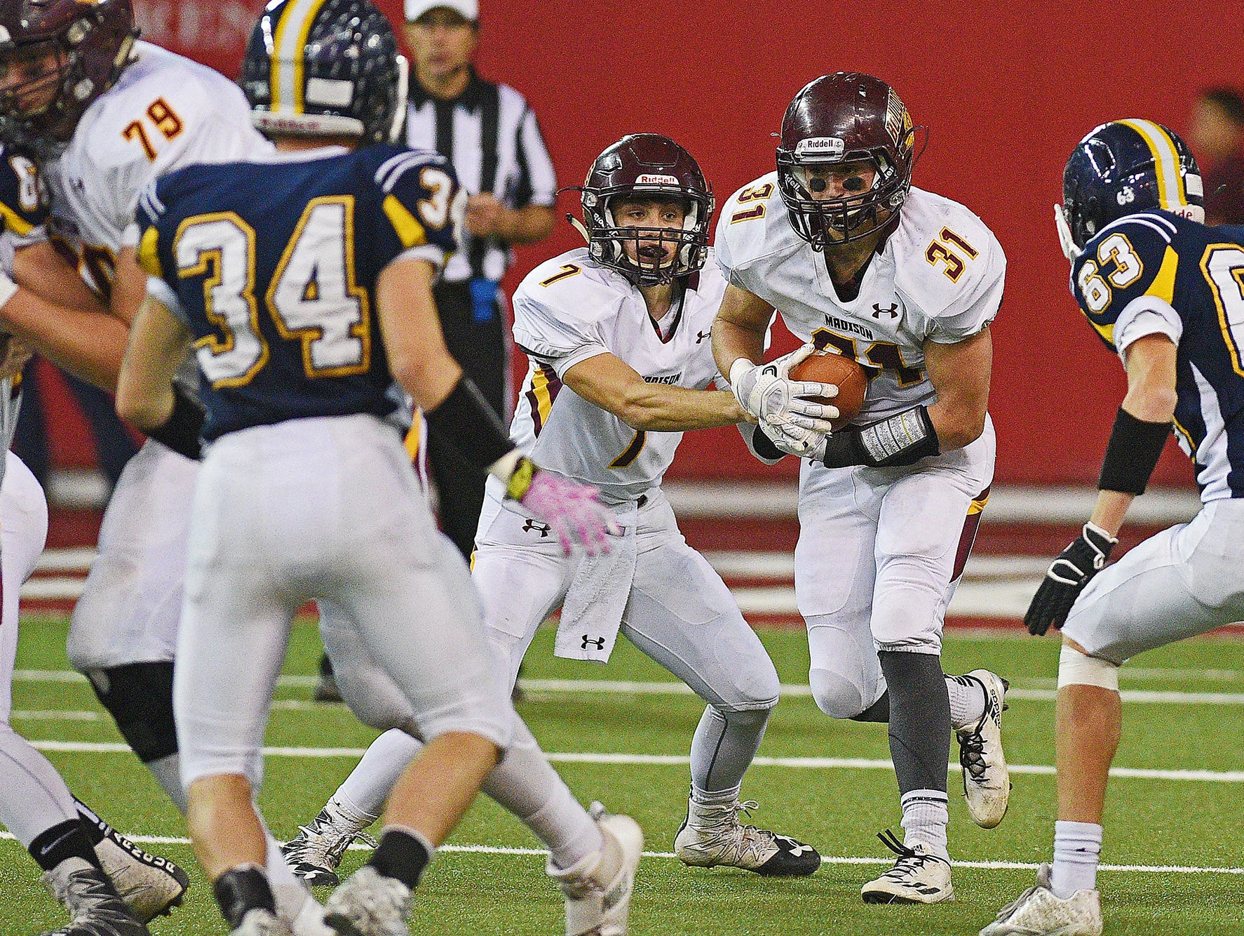 Madison's Riley Janke (31) carries the ball during the 2016 South Dakota State Class 11A Football Championship game against Tea Area Saturday, Nov. 12, 2016, at the DakotaDome on the University of South Dakota campus in Vermillion, S.D. Madison beat Tea Area 39-0.