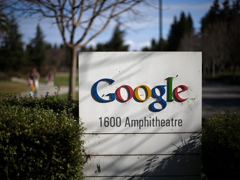 A sign is posted outside of Google headquarters on January 30, 2014 in Mountain View, Calif.