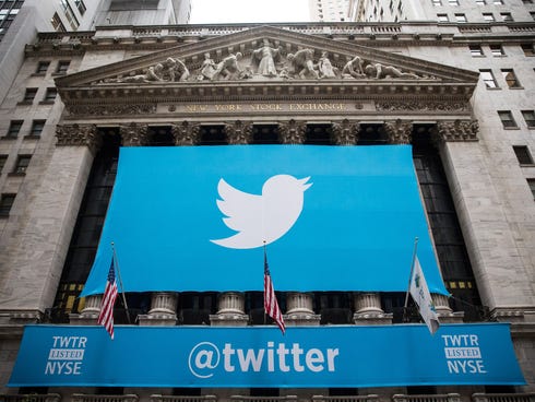 The Twitter logo is displayed on a banner outside the New York Stock Exchange.