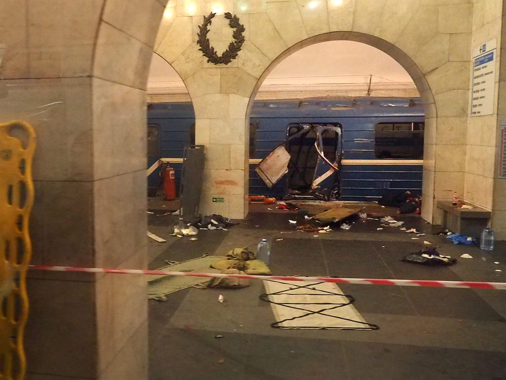 A picture shows the damaged train carriage at Technological Institute metro station in Saint Petersburg on April 3, 2017.\u000aAround 10 people were feared dead and dozens injured Monday after an explosion rocked the metro system in Russia's second c