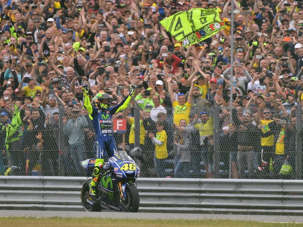 Moto GP rider Valentino Rossi of Italy celebrates after winning the Dutch Motorcycle Grand Prix, in Assen, Northern Netherlands.