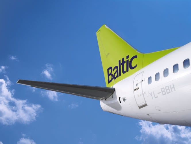 The tail section of one of airBaltic's planes.