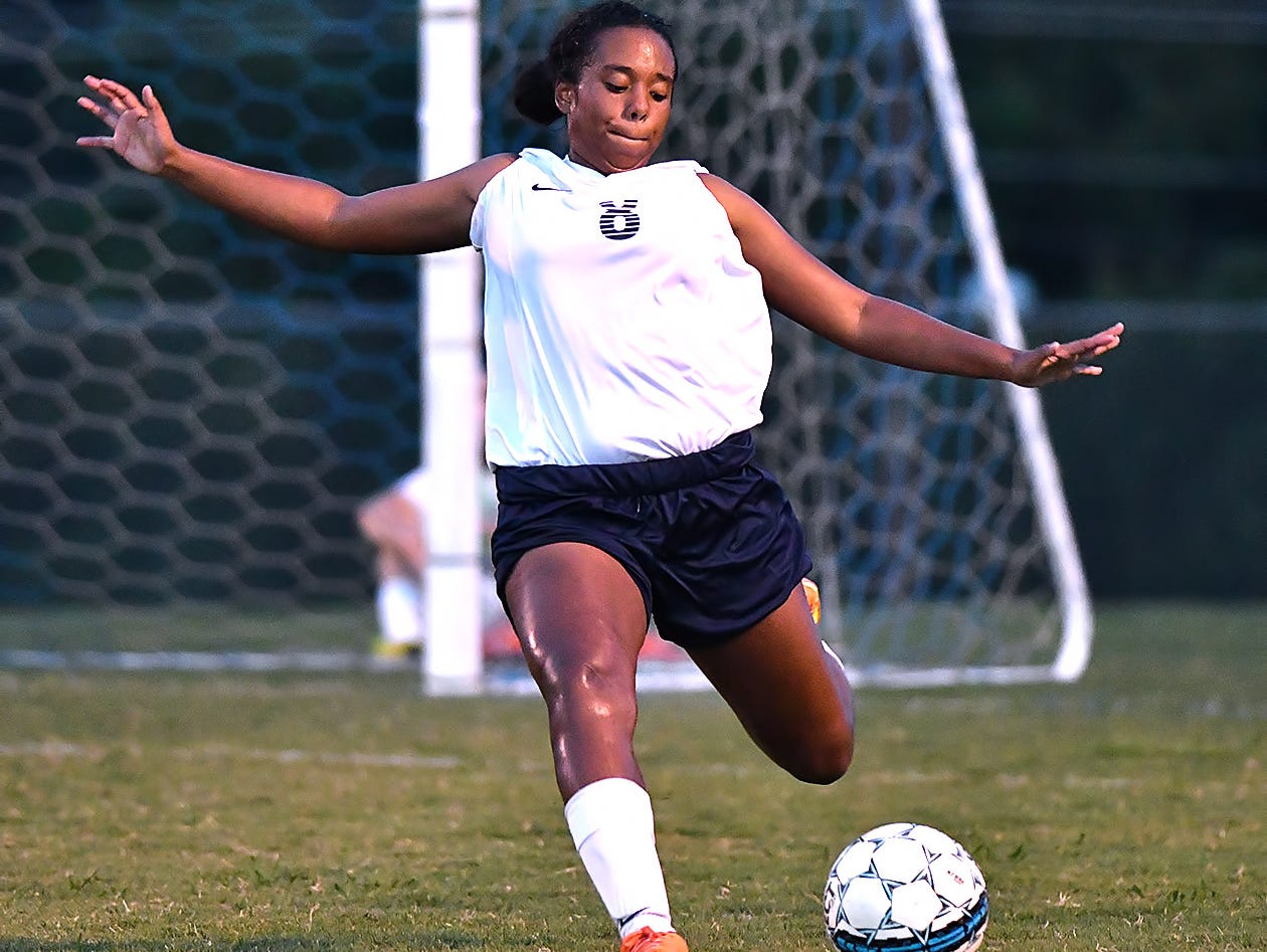 Dickson County's Amaya Johnson puts the ball back into play.