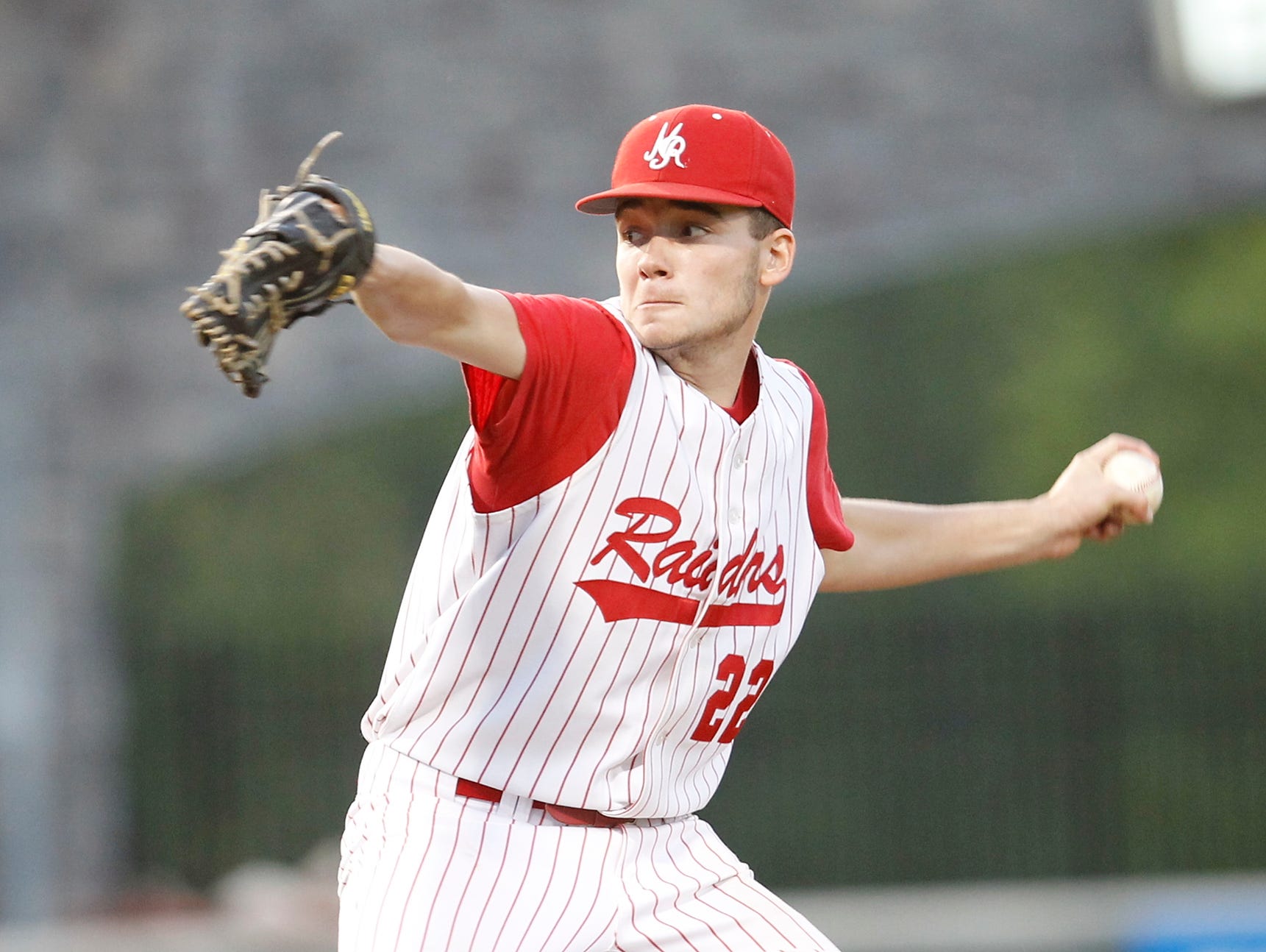 North Rockland pitcher Eric Sandusky (22) delvers a pitch during their 4-0 win over Suffern at Palisades Credit Union Park on Thursday, May 12, 2016.