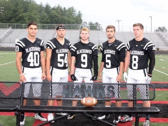 North Buncombe football players, from left to right, Peter Simonovich, Sammy MacDonald, Ricky Thrash, Chase Parker and Mason Isgrig.