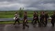 North Korean soldiers walk on a highway near the North Korean city of Kaesong.