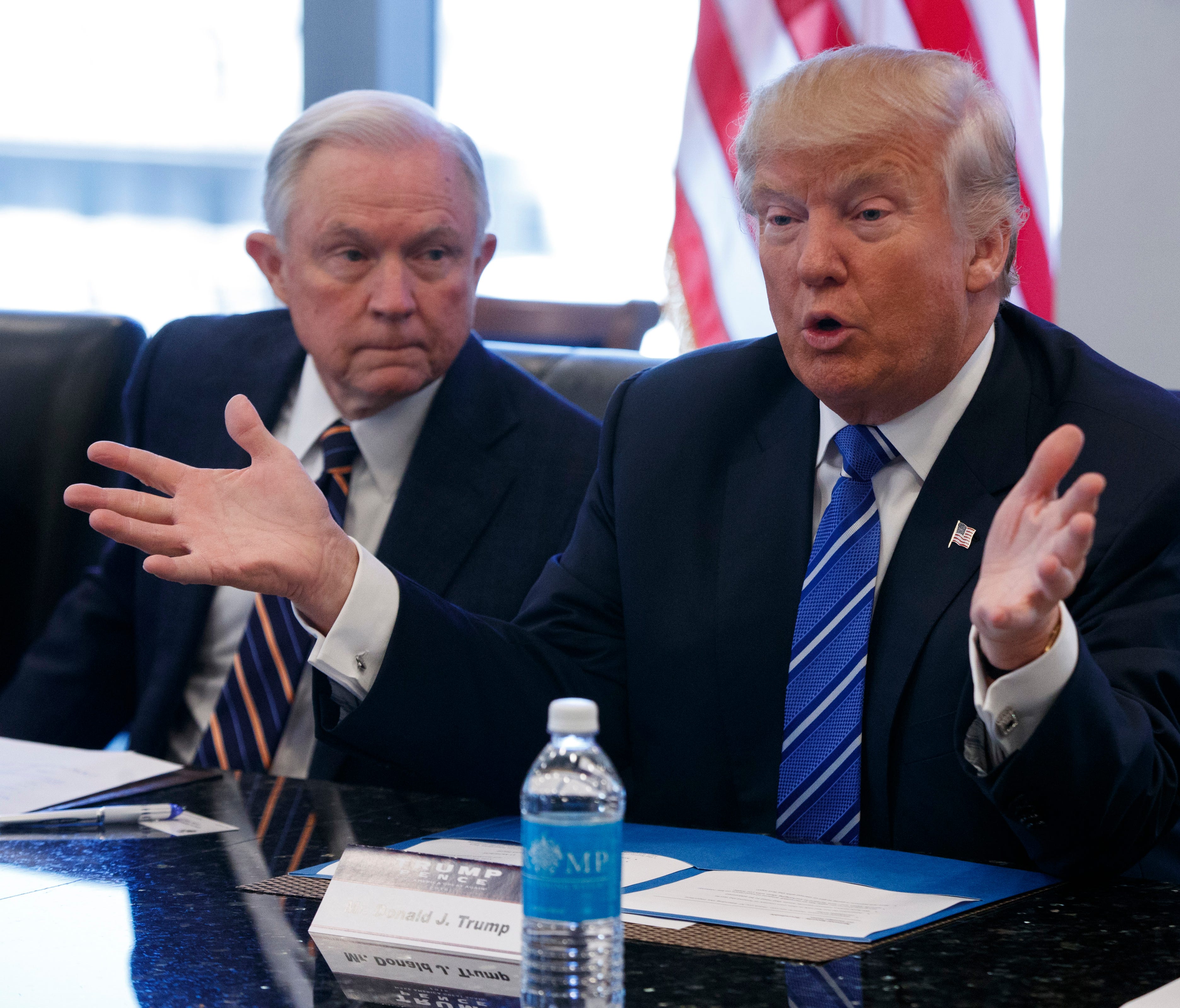 Sen. Jeff Sessions, R-Ala., with President-elect Donald Trump during a meeting at Trump Tower
