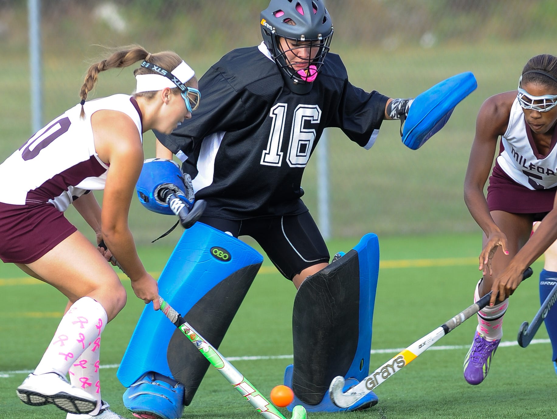 Lake Forest field hockey goalie Allison Bishop (No. 16) defends in their game against Milford.