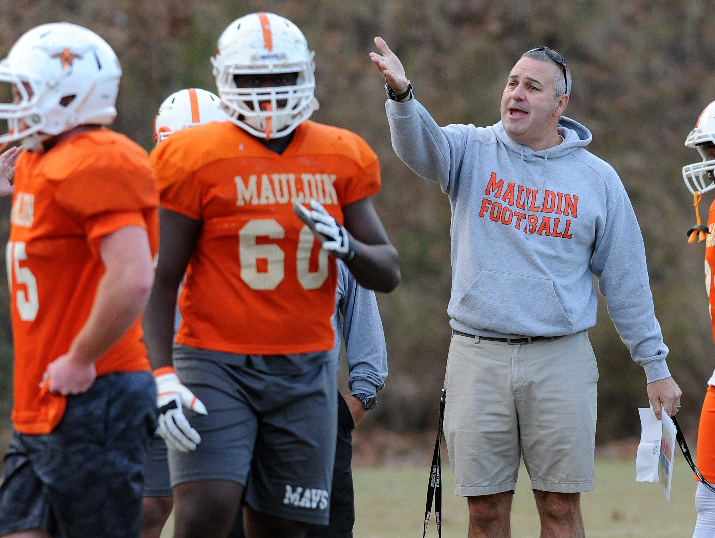 Mauldin head coach Lee Taylor coaches his team during the teams practice Monday, November 16, 2015. Mauldin will play Hillcrest in the 1st round of the AAAA playoffs Friday at Hillcrest.