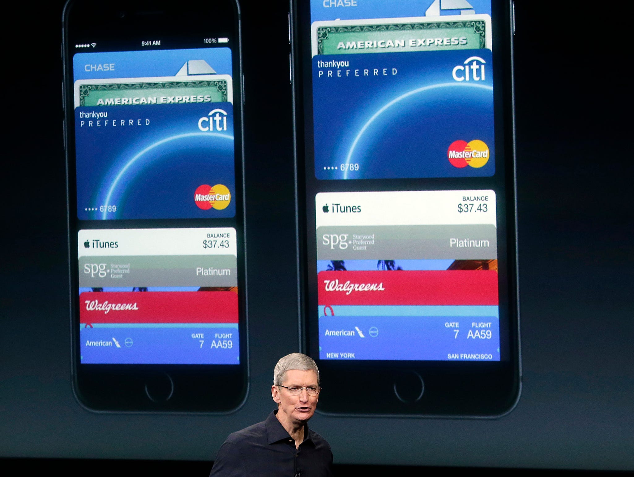 Apple CEO Tim Cook discusses the new Apple Pay product during an event at Apple headquarters on Thursday, Oct. 16, 2014 in Cupertino, Calif.