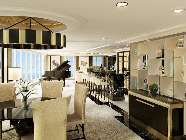 An artist's drawing of the living room area of the Regent Suite planned for for the Seven Seas Explorer.