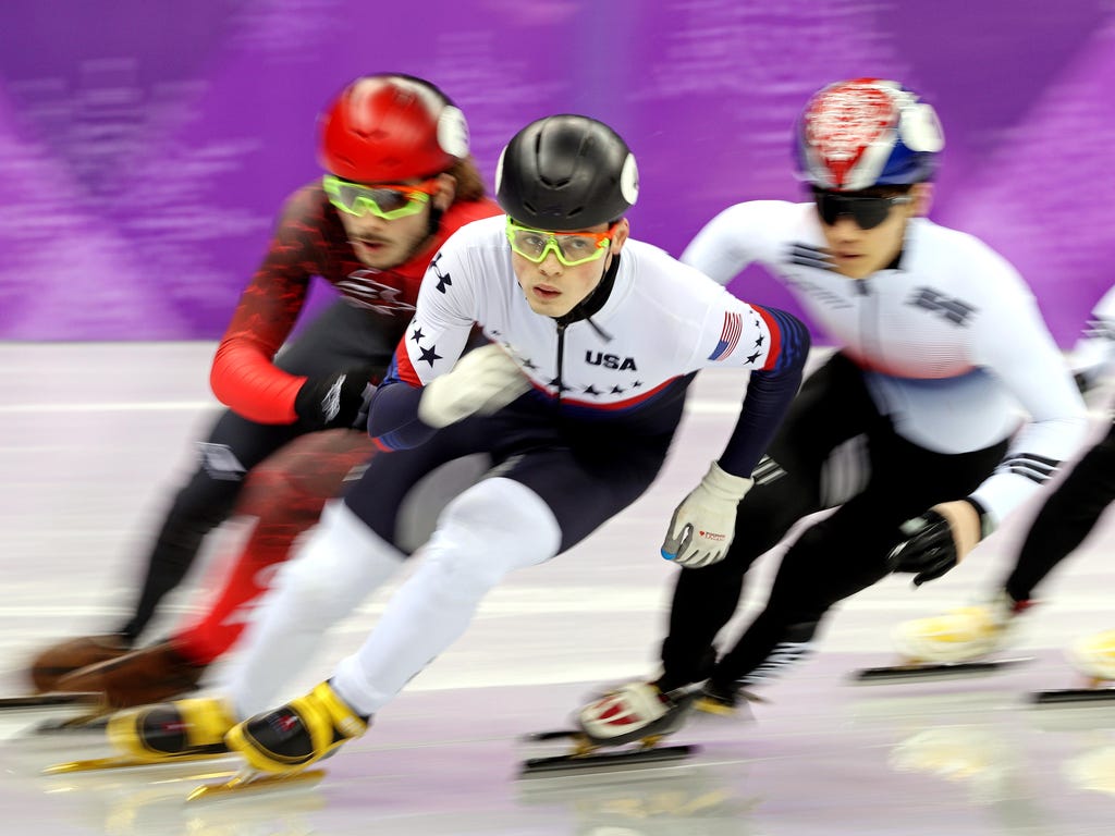 John-Henry Krueger (USA) competes in the short track speed skating men's 1,000m final A during the Pyeongchang 2018 Olympic Winter Games at Gangneung Ice Arena.