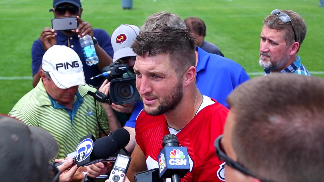 Tim Tebow adresses the media after Eagles OTA