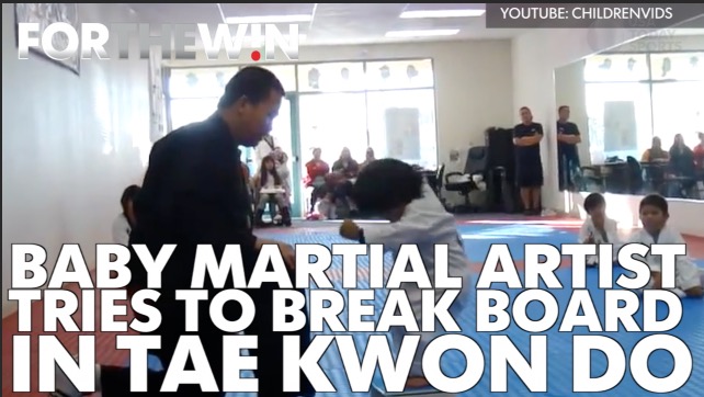 Tae Kwon Do baby won't give up, breaks a board