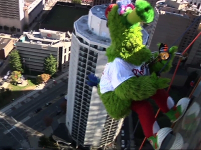 Philly Sports Mascots Rappel Down Skyscraper