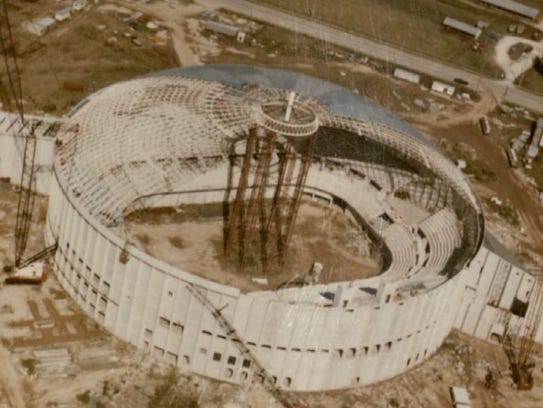 An aerial view of the Cajundome under construction.