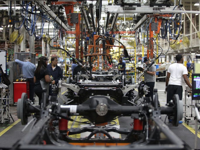 Chassis move down the assembly line at the media open house on Thursday, Sept. 25, 2014 at the Chrysler Group Warren Truck Assembly plant in Warren.