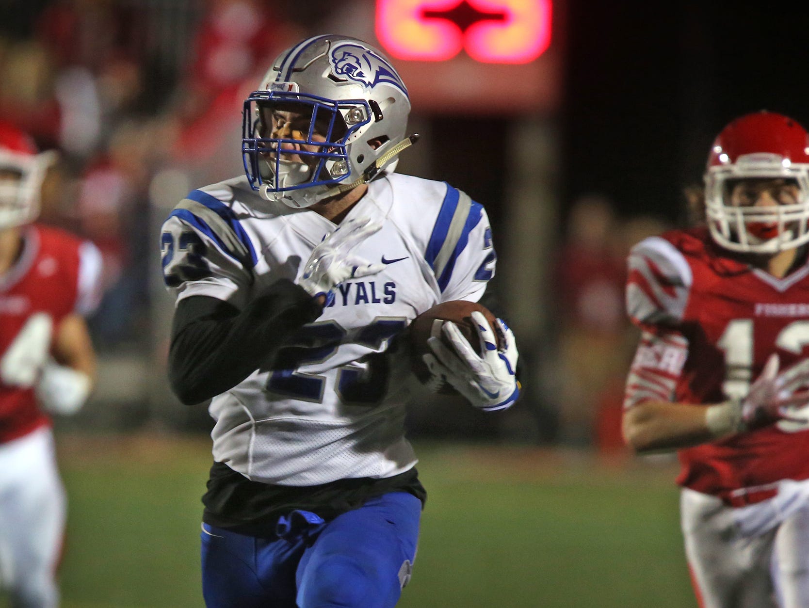 Hamilton Southeastern #23 Aaron Matio heads for the end zone during fourth quarter action of the Hamilton Southeastern at Fishers football game, Friday, September 11, 2015. Hamilton Southeastern won the game 39-33.