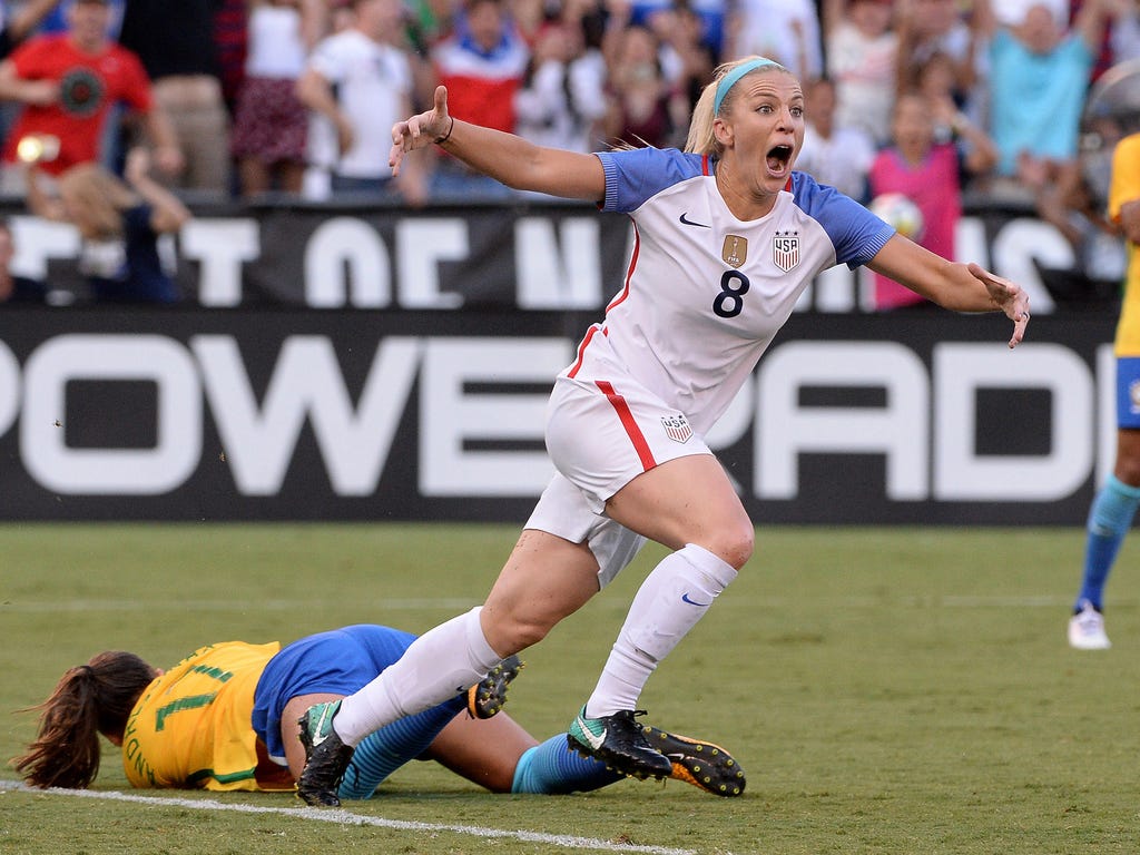 United States defender Julie Ertz reacts after scoring a goal against Brazil during the second half of a 4-3 U.S. win at Qualcomm Stadium in San Diego.