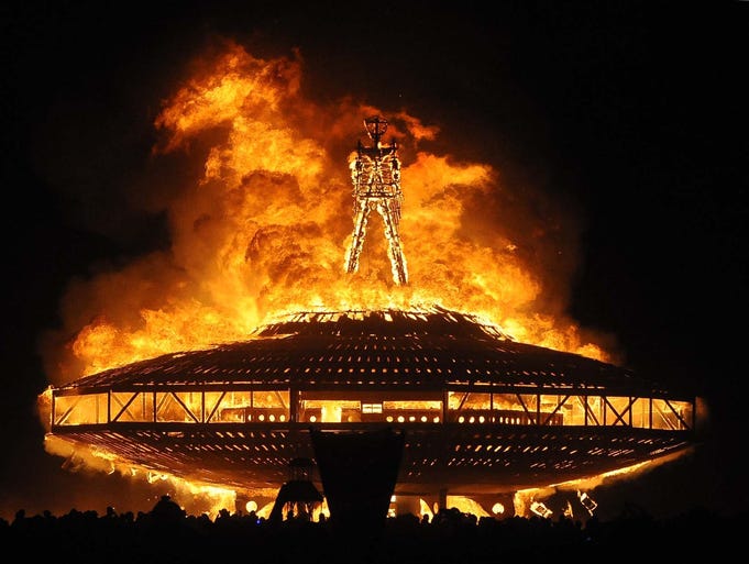 The "Man" burns on the Black Rock  Desert at Burning Man near Gerlach, Nev. late on August 31. U.S. Bureau of Land Management spokesman Mark Turney said  more than 61,000 people turned out for the weekend Burning Man outdoor  art and music festival.