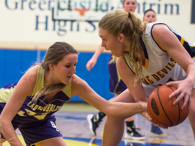 Greencastle's Ashley True, right, battles for possession