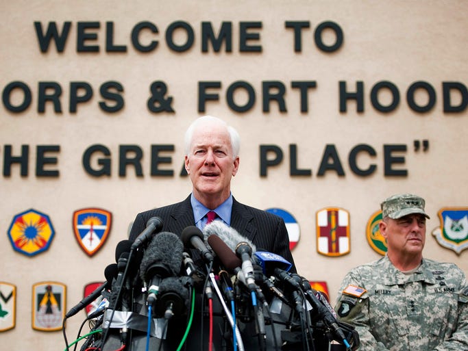 Sen. John Cornyn, R-Texas, and Lt. Gen. Mark Milley, III Corps and Fort Hood commanding general, speak about the shooting at Fort Hood in Texas
