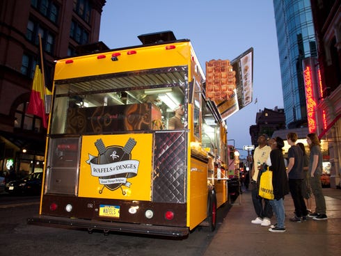 Food trucks across the USA are increasingly serving up unique desserts like Belgian waffles from the Wafels and Dingels truck in New York City.
