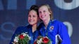 Katie Ledecky, right, and Leah Smith smile during the
