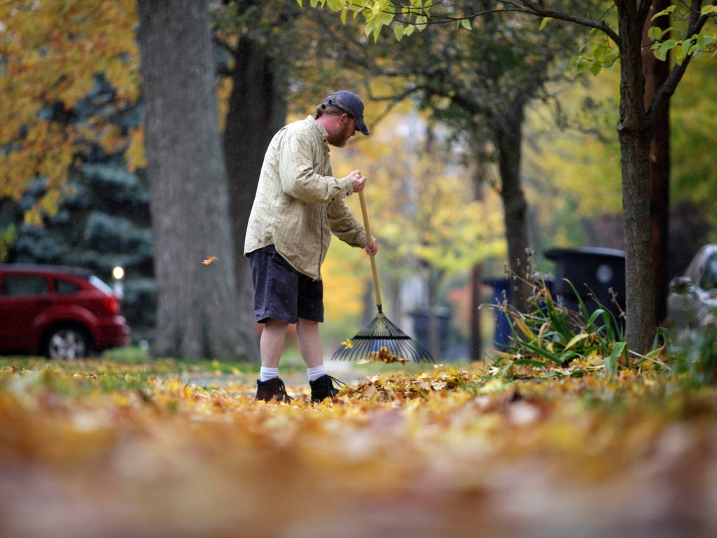 Neal Smith rakes leaves along a street in Bowling Green, Ohio.