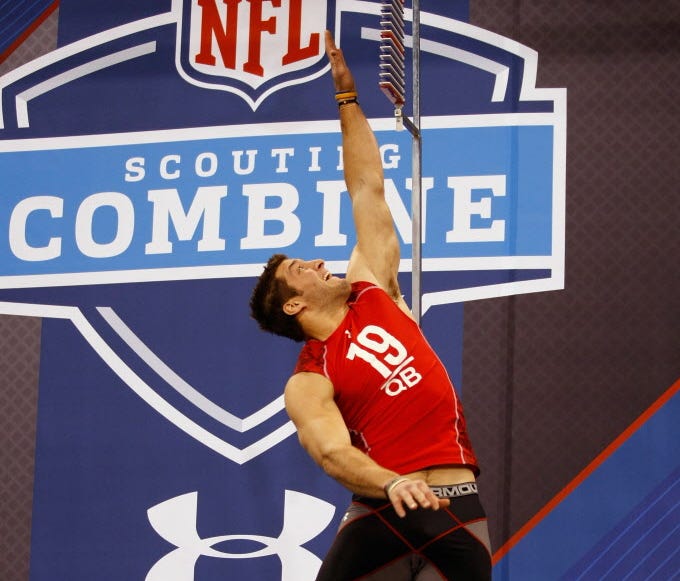 Tim Tebow performs the vertical jump during the 2010 NFL Scouting Combine.