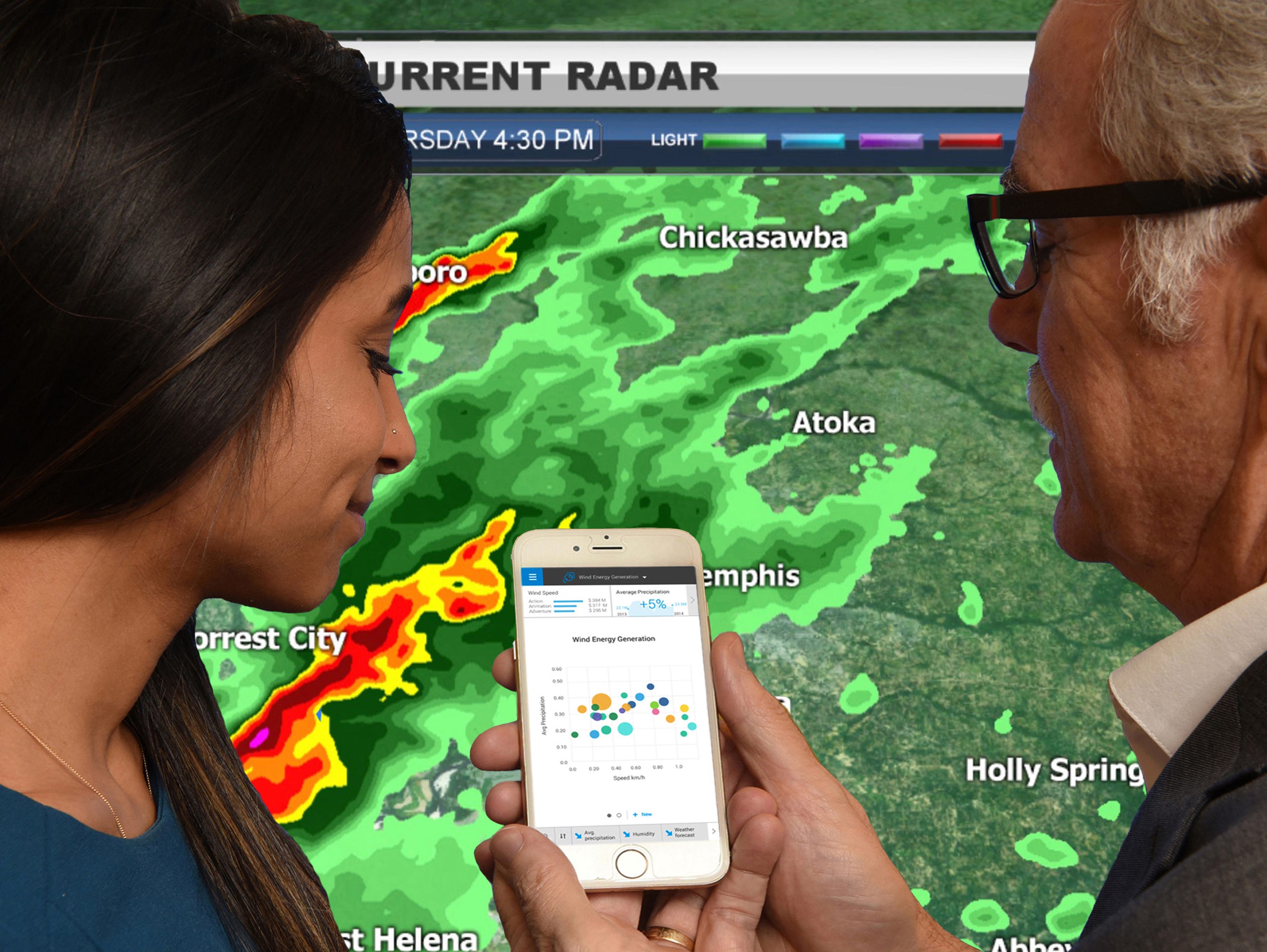 In New York City, Manju Malkani, IBM analytics consultant, and Paul Walsh, Vice President of Weather Analytics at The Weather Company, access real-time weather data through IBM Watson Analytics. IBM and The Weather Company announced a partnership to 