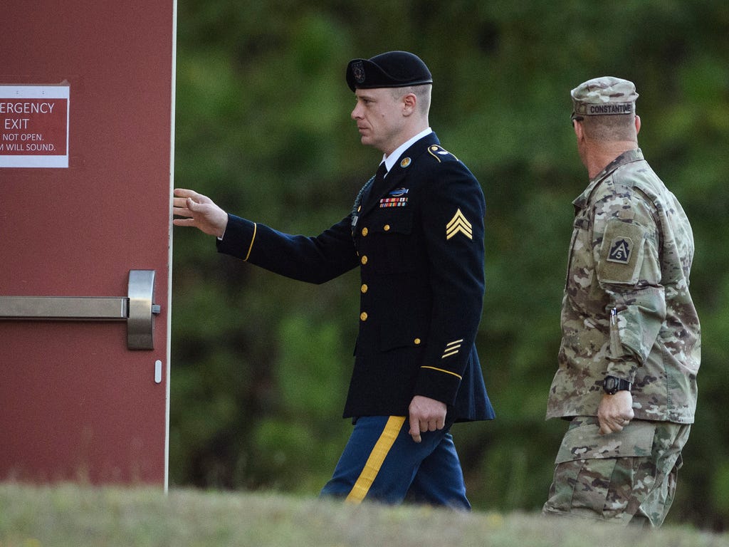 Army Sgt. Bowe Bergdahl arrives at the Fort Bragg courtroom facility for a sentencing hearing on Oct. 31, 2017, on Fort Bragg, N.C. Bergdahl, who walked off his base in Afghanistan in 2009 and was held by the Taliban for five years, pleaded guilty to