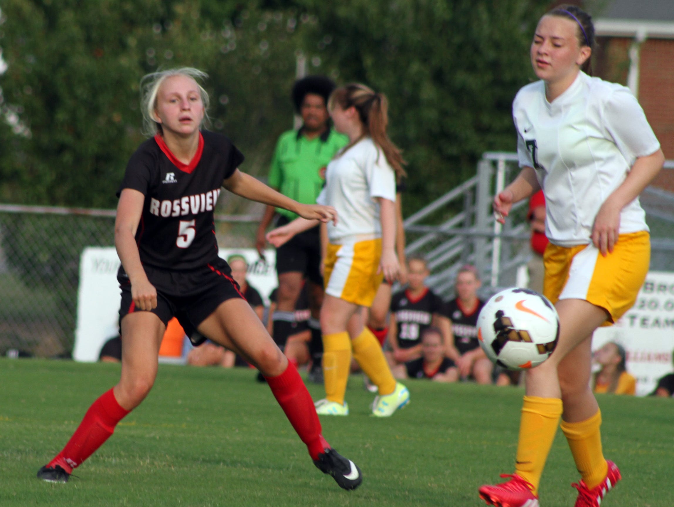 Rossview's Melanie Stevens (5) turned in a strong performance Tuesday, scoring three goals against Northwest and leading the Lady Hawks to a 7-1 victory Tuesday night.