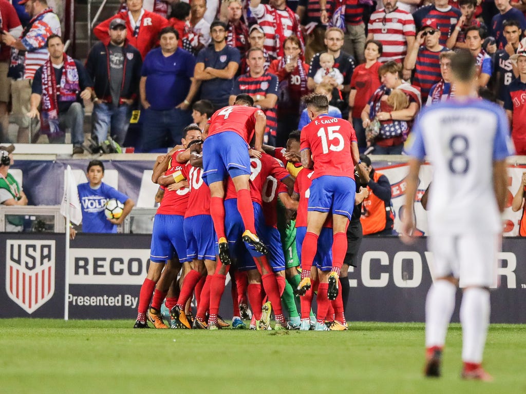 Costa Rica celebrates their second goal during a 2-0 win against the U.S. during a World Cup qualifier at Red Bull Arena.