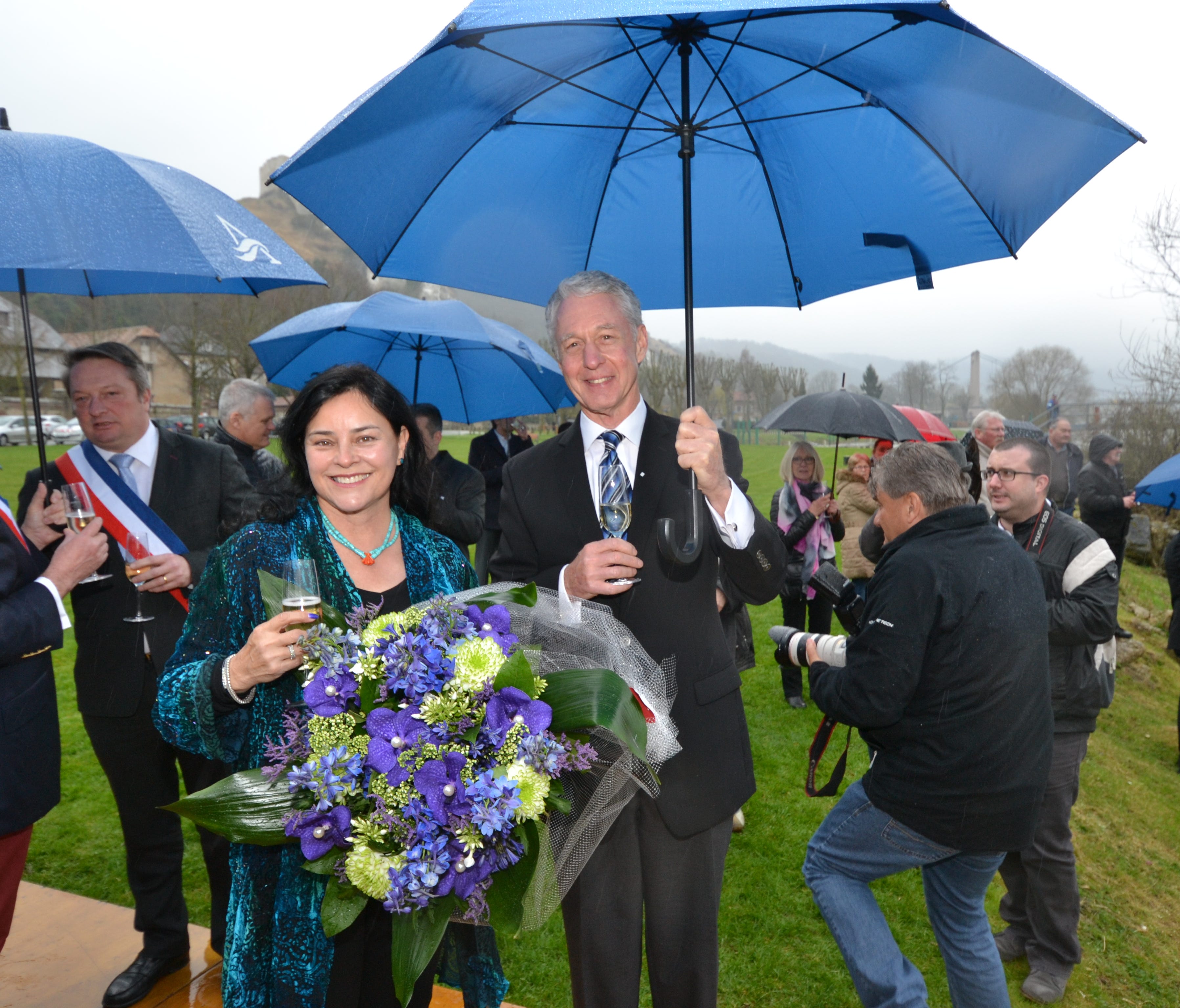 'Outlander' series author Diana Gabaldon with Avalon Waterways' managing director Patrick Clark at the christening of Avalon's new Avalon Tapestry II in Les Andelys, France on March 24, 2015.