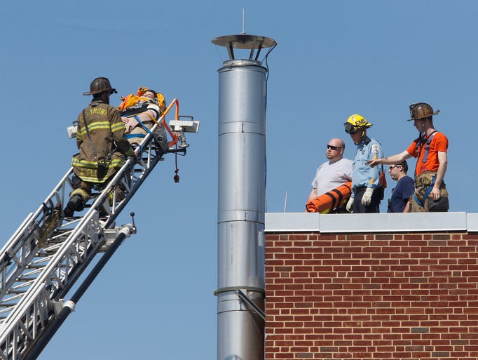 Firefighters use ladder truck for rescue from school roof