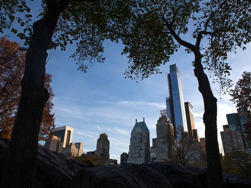 The view of One57, the tall apartment tower across from Carnegie Hall on 57th Street, from Central Park.