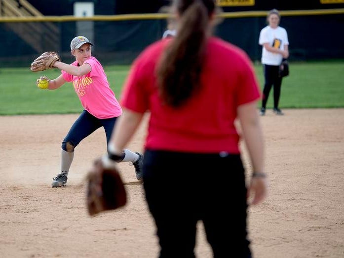 Heather Carver makes a throw during Tuscola softball practice on Thursday.