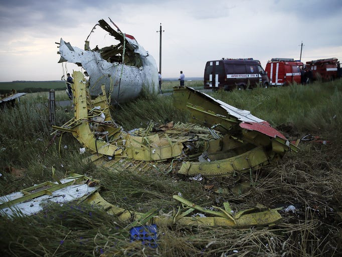 The wreckage from a Malaysia AIrlines jet rests near Shaktarsk.