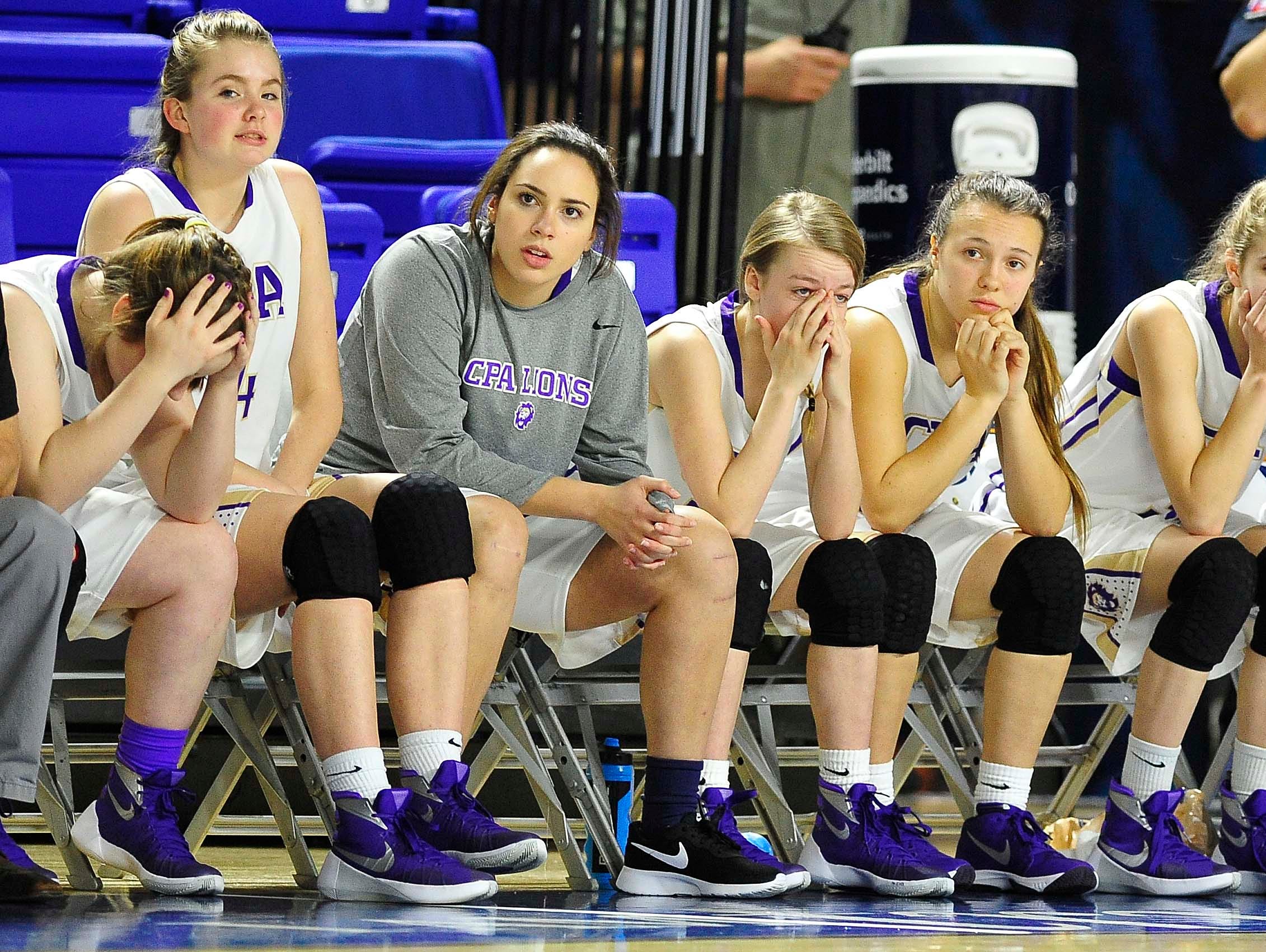 CPA's bench looks on in a final seconds of the game as East Nashville wins 47-35 in the Division I Class AA Girl's basketball tournament at the Murphy Center on MTSU's campus March 10, 2016 in Murfreesboro, Tenn.