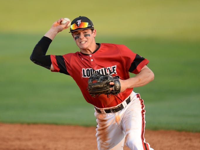 U of L second baseman Nick Solak throws to first base