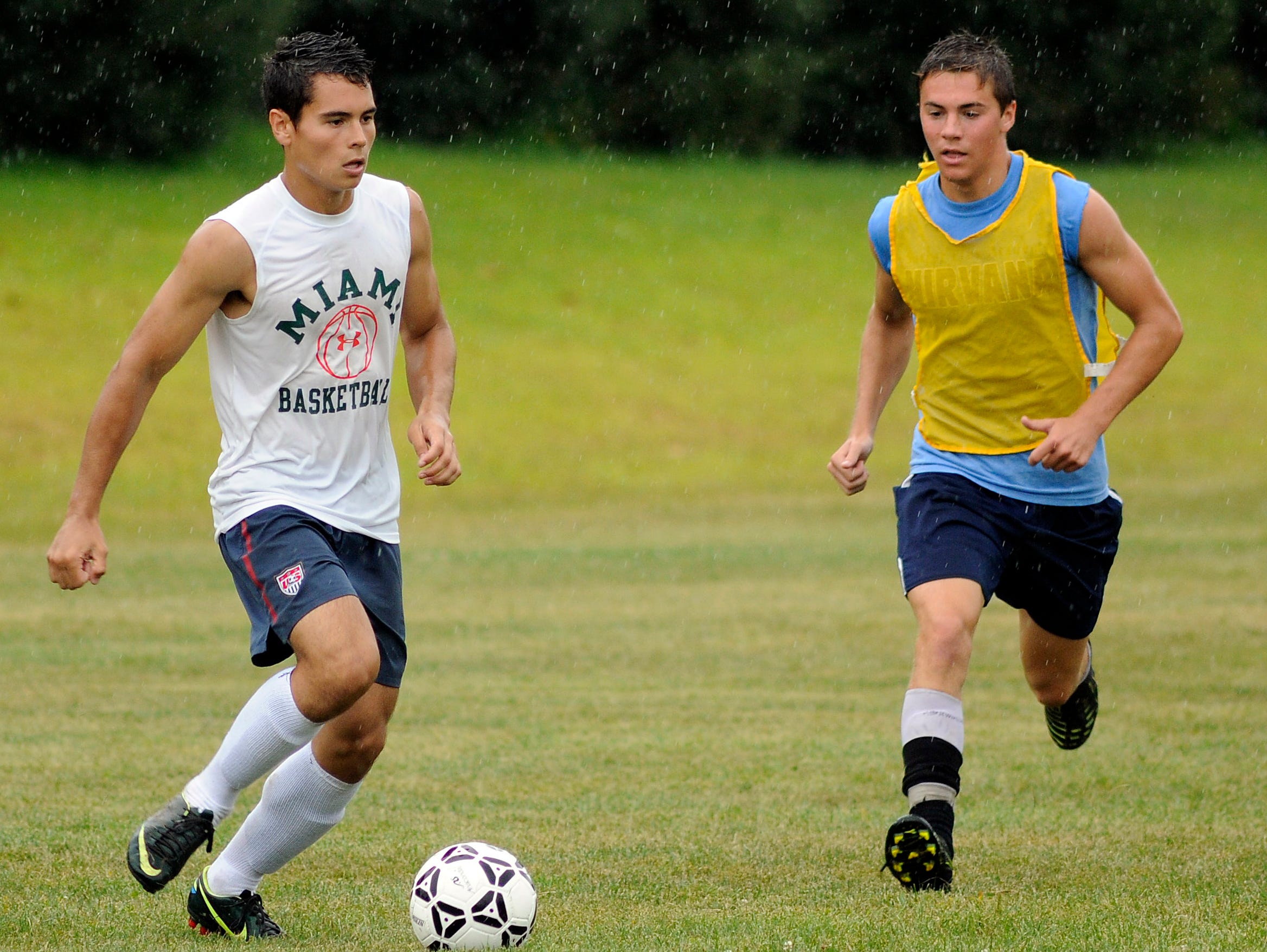 Rhinebeck High School varsity boys soccer players Eric Rodriguez, left, and Renny Graziano practice on Thursday in Rhinebeck.