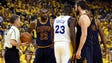 Cleveland Cavaliers forward LeBron James (23) reacts