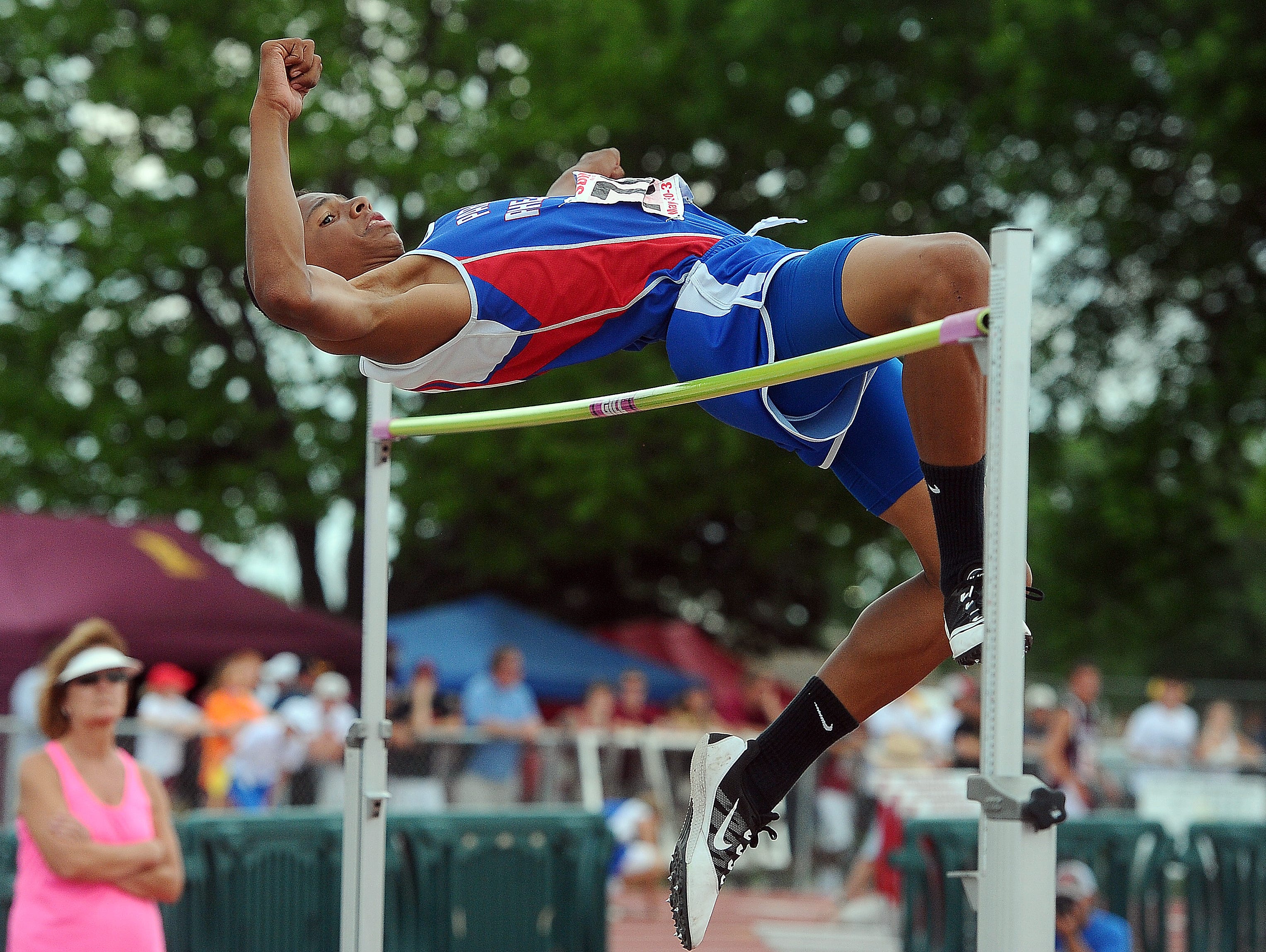 Parker's Zack Anderson competes in the high jump at Howard Wood Field during the South Dakota State Track and Field Meet on Saturday, May 31, 2014.