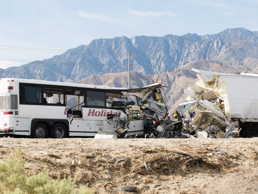 A tour bus crashed into a big rig trailer on westbound